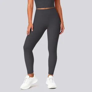 Detailed view of high-waisted dark grey seamless yoga leggings designed for women fitness training.