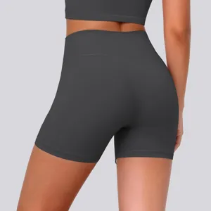 Rear view detail of high-waisted stretchy yoga shorts, highlighting breathable fabric fit.
