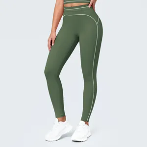 Pantalones de yoga de talle alto sin costuras con ribetes en contraste para fitness y correr.