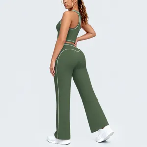 Vue arrière détail de l'ensemble de yoga vert pour femmes avec soutien-gorge.