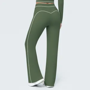 High-waisted green flare yoga pants for women with white contrast piping activewear long trousers