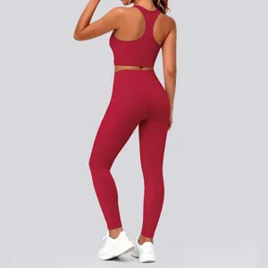 Red seamless sports yoga set back view, activewear two piece gym fitness workout.