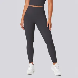High waist grey yoga pants detail view, breathable and stretch fitness activewear.