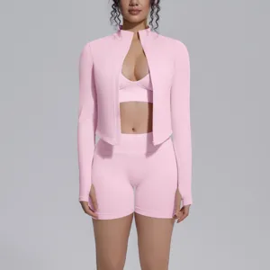Seamless pink activewear three piece set with jacket top and shorts for fitness yoga.