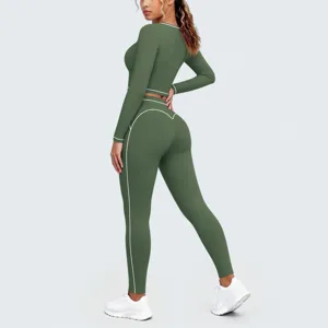 Olive green contrast stitching long sleeve crop top and high waist yoga leggings set detail.