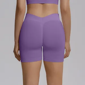 Detail view of women's purple seamless V-waist fitness yoga shorts with butt-lifting design.