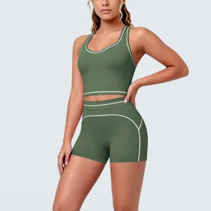 Green seamless activewear set yoga bra shorts fitness running workout gym two piece outfit