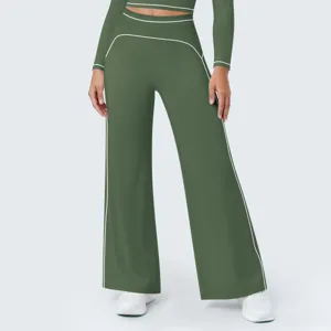 Olive green high waist wide leg yoga pants with matching activewear gym tracksuit