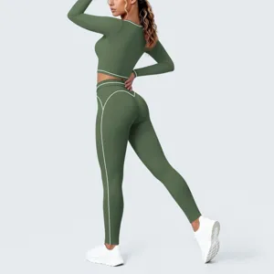 Green contrast piping yoga set, long sleeve crop top and high waist leggings for fitness.