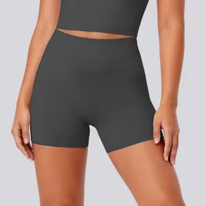 High-waisted activewear yoga shorts detail, stretchy breathable fabric for fitness and running.