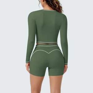 Women long sleeve yoga crop top shorts set activewear running gym fitness two piece outfit