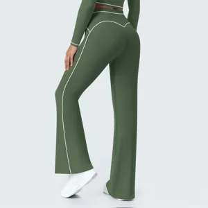 Green high waist contrast piping flare yoga pants activewear women casual fitness trousers