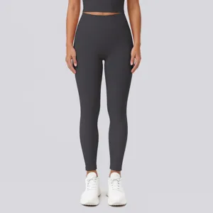 High-waist dark gray yoga leggings detail view, stretchy nude-feel fabric for gym training.