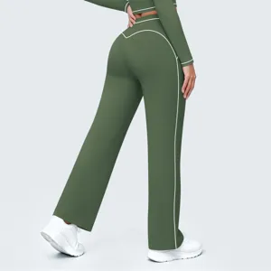 Green high waist wide leg activewear pants with contrast white piping for women fitness running