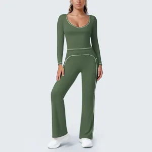 Damen Kontrast Einfassung Langarm Top Schlaghose Yoga Set atmungsaktive Sportbekleidung.