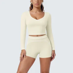 Long sleeve crop top and shorts yoga set activewear gym workout athletic clothing for women