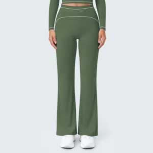 Detail view of high waist olive green flared yoga pants featuring elegant white contrast piping.