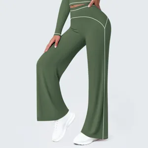 Detail view of high waist contrast piping wide leg yoga pants activewear trousers for women