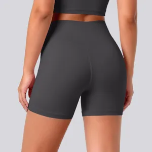 High waist tight yoga shorts rear view detail, breathable stretchy fitness sports wear.