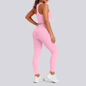 Pink sports bra and leggings yoga set detail view, perfect for fitness, running and gym training.