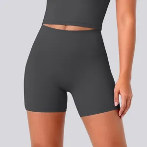 Close-up of high-waisted dark gray yoga shorts, showing tight elastic fit and breathable fabric.