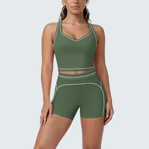Green contrast piping sports bra and fitness shorts yoga set for women gym workout activewear