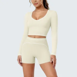 Women long sleeve crop top high waist shorts yoga set activewear gym sportswear outfit