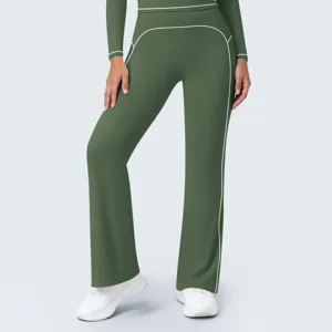 Olive green high-waisted flared yoga pants with white piping detail, perfect for fitness and daily wear.