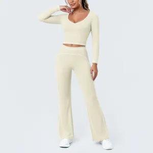 Beige Kontrast Einfassung Langarm Crop Top Schlag Yoga Hosen Set Sportbekleidung Fitness
