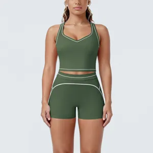 Women contrast piping brushed racerback sports yoga set two piece fitness workout apparel