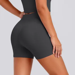 High-waisted tight yoga shorts detail showing smooth back contour and elastic breathable fabric.