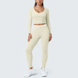 Women long sleeve crop top and yoga leggings set contrast trim sportswear fitness gym activewear