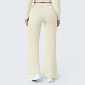 Detailed back view of women high waist contrast trim loose casual flare pants for sport yoga.