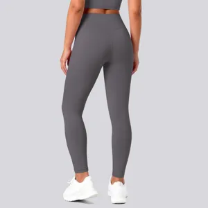 High-waisted push-up yoga leggings detail view, seamless athletic contour fit, back angle.