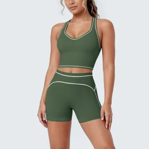 Seamless athletic yoga set with contrasting piping, racerback bra, and fitted shorts.