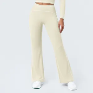 High waisted flare yoga pants with white contrast piping, soft fabric detail for fitness wear.