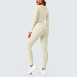 Seamless long sleeve yoga set activewear gym workout fitness outfit for women top pants