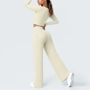 Beige langarm Crop Top weite Yoga Hose Set, bequeme Sport Fitness Freizeit Activewear.