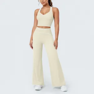 Ensemble de yoga crop top flare a liseres contraste femme vetement de sport fitness