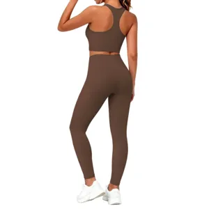 Solid color yoga set sports bra and high waist leggings fitness gym activewear 2-piece