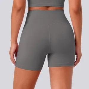 High waist yoga shorts, back view detail showing shaping seam, seamless comfort and fit.