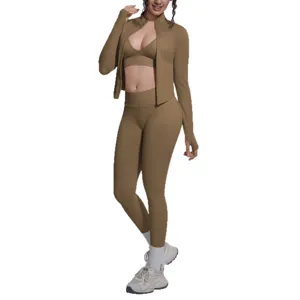Set yoga in tinta unita senza cuciture a 3 pezzi abbigliamento sportivo fitness donna