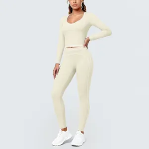 Women seamless long sleeve yoga set activewear gym workout crop top leggings sportswear