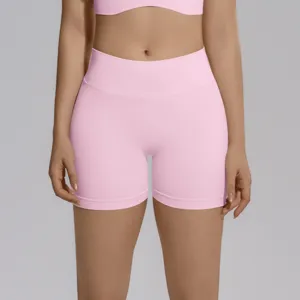 Pink seamless high waist yoga shorts for women, tight workout gym fitness running sports shorts.