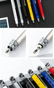 Close-up view of multi-functional tool pen details, showing screwdriver, ruler, and pen body.