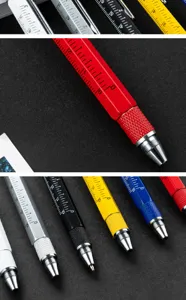 Multi-tool pen detail view showing scale ruler markings and various vibrant color options.