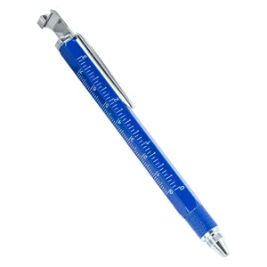 Multi-functional tool ballpoint pen with built-in ruler and bottle opener in vibrant blue.