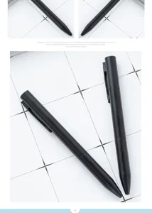 Detailed view of a black metal ballpoint business pen, smooth twist action, sleek office stationery.