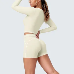 Contrast piping long sleeve crop top and shorts yoga set, high elasticity activewear active.
