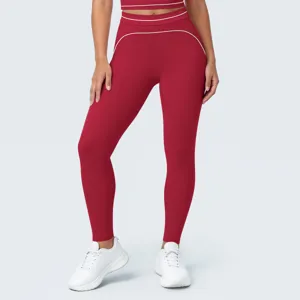 Conjunto de pantalon y top de yoga de cintura alta para mujer con ribetes contrastantes.